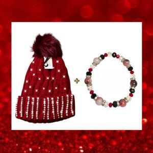 Cranberry Red Rhinestone Beanie and Beaded Bracelet Set ♥️